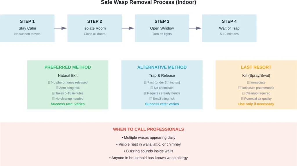 Step-by-step decision tree for safely handling a wasp indoors, including preferred methods and when professional help is necessary