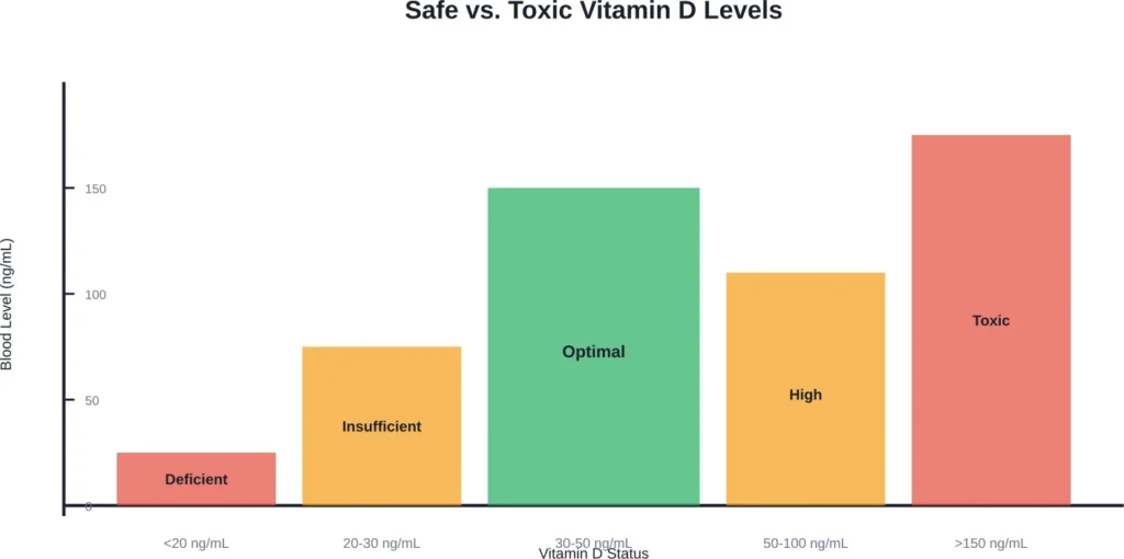 Blood vitamin D level ranges from deficient to toxic, showing the optimal target zone