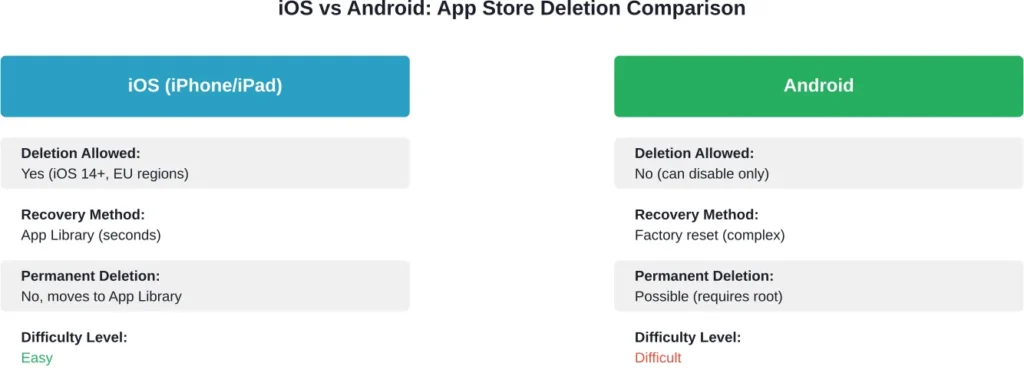 Key differences between App Store deletion on iOS and Android platforms
