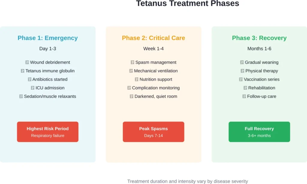 The three main phases of tetanus treatment from emergency intervention through long-term recovery