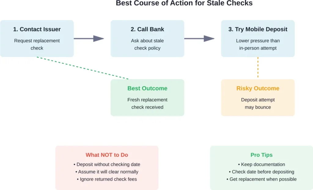 Recommended steps for handling stale checks to minimize risk and avoid unnecessary fees.