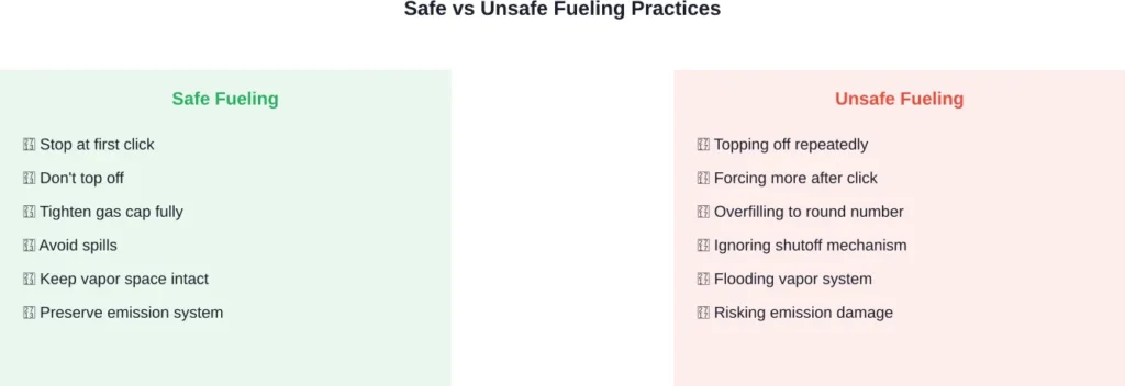 Comparison of proper fueling technique versus practices that lead to overfill damage