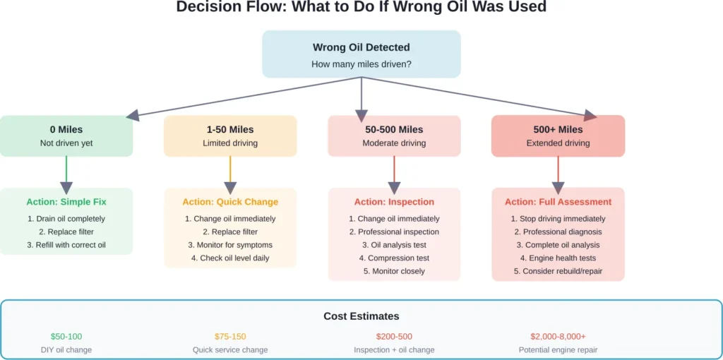 Decision flowchart showing recommended actions based on how many miles were driven with wrong oil, including cost estimates for each scenario.