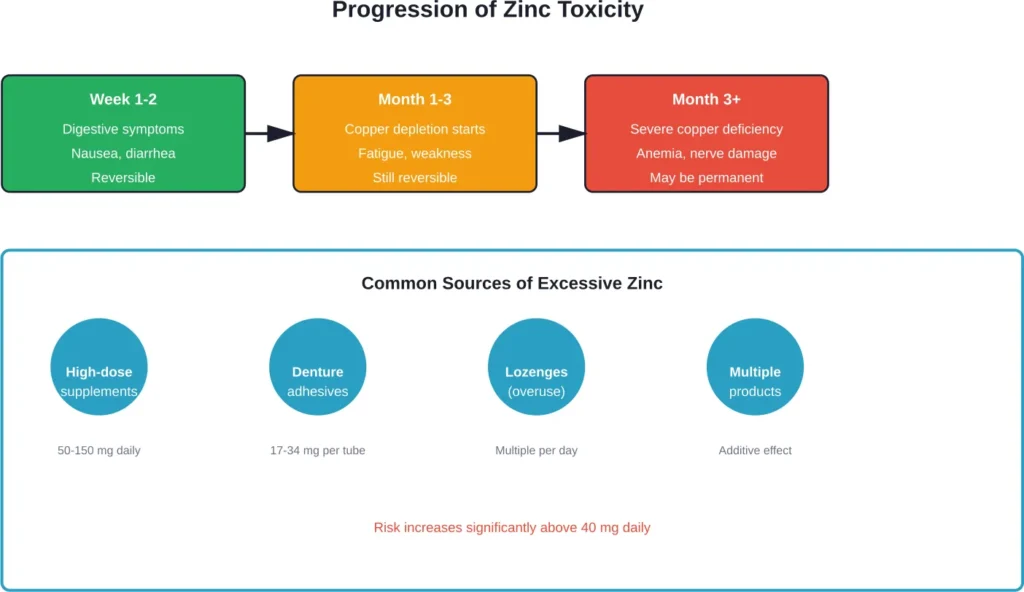 How zinc toxicity develops over time and common exposure sources