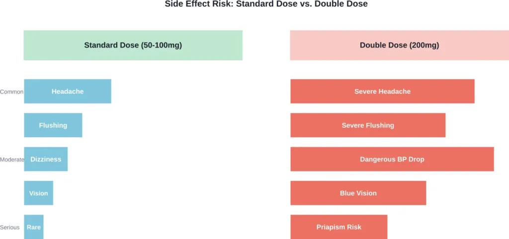 Comparative visualization showing how side effect severity and likelihood increase when exceeding recommended Viagra dosage.