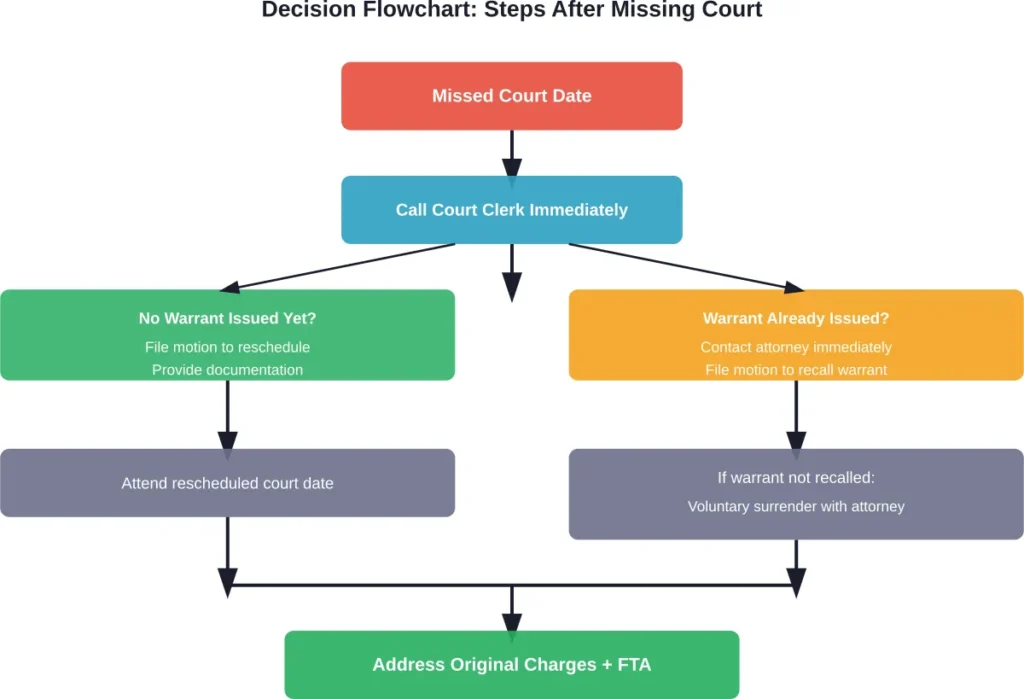 Recommended action steps and decision points after missing a scheduled court appearance