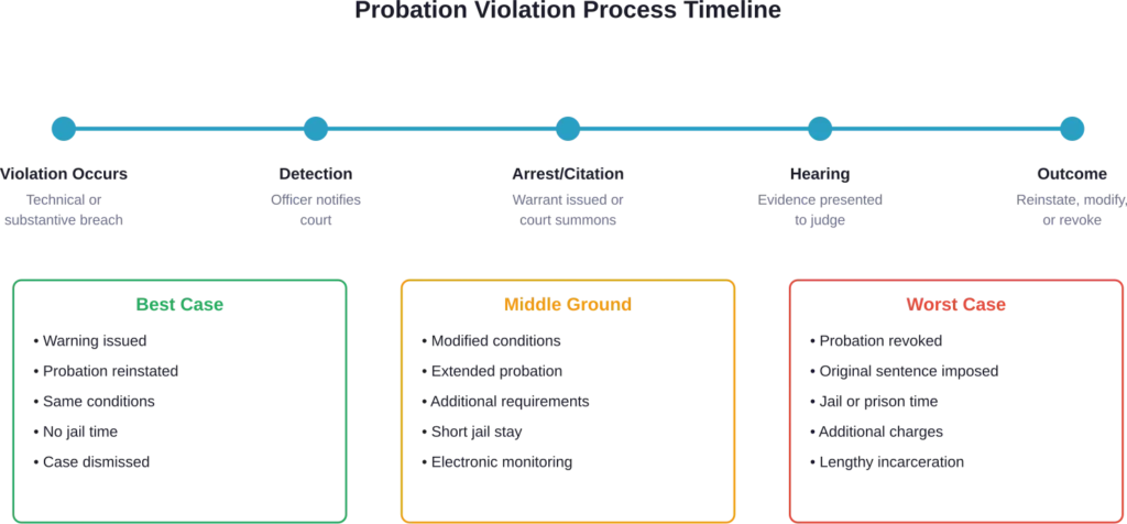 Timeline showing the probation violation process from initial breach to final outcome, with potential consequences ranging from warnings to full revocation.