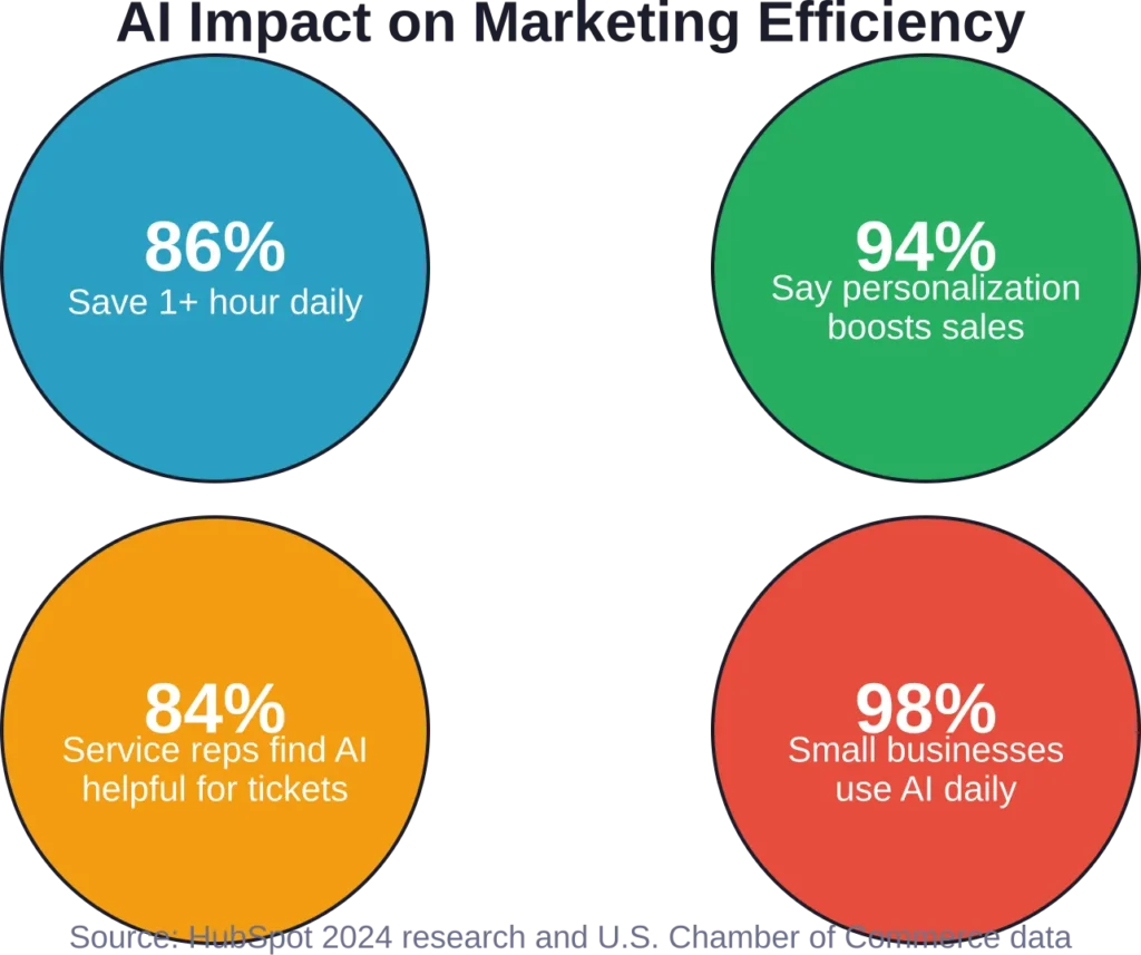 AI marketing tools deliver measurable impact across multiple dimensions, from time savings to sales improvements and adoption rates.