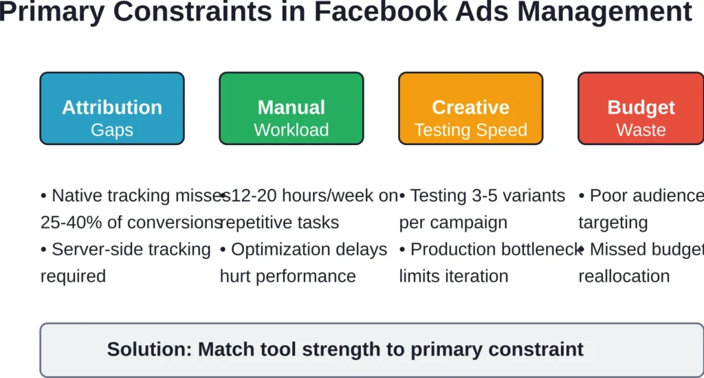 The four main constraints limiting Facebook Ads ROAS and the tool categories that address each.