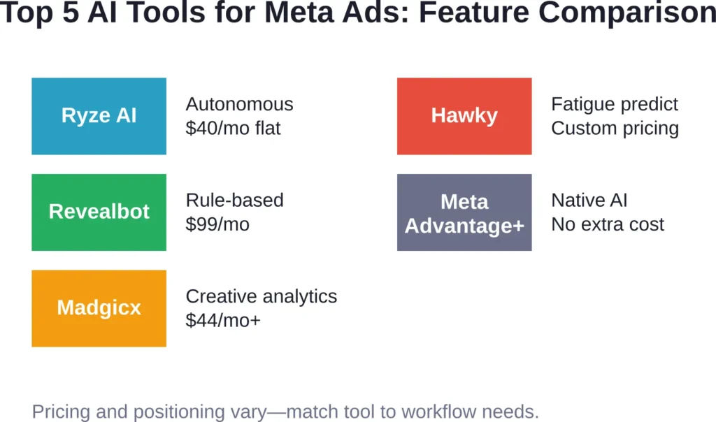 Comparison of the top five AI tools for Meta ads based on management approach and pricing structure.