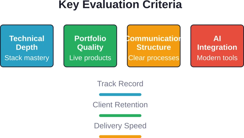 Four primary criteria determine outsourcing success, supported by three secondary metrics that validate long-term partnership potential.