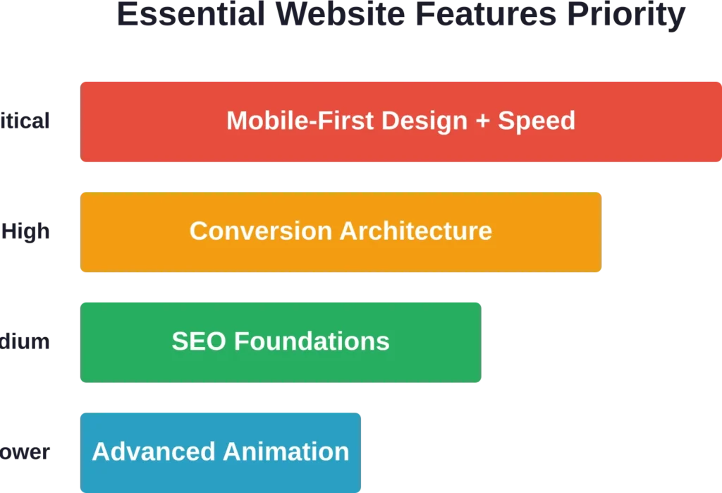 Priority hierarchy for small business website features—focus budget and attention on critical elements first.