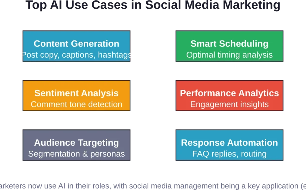 Six primary applications where AI delivers measurable value in social media workflows, with social media management ranking as a key AI use case among marketers.