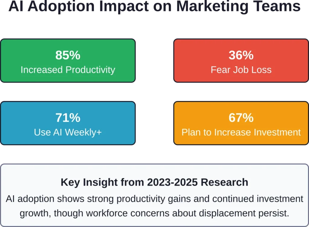 Research from 2023-2025 reveals high AI adoption rates among marketers, with strong productivity improvements but ongoing concerns about workforce impact.