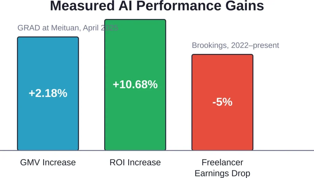 Verified performance data from academic and institutional sources showing both gains for organizations adopting AI and challenges for individual workers in AI-exposed roles.
