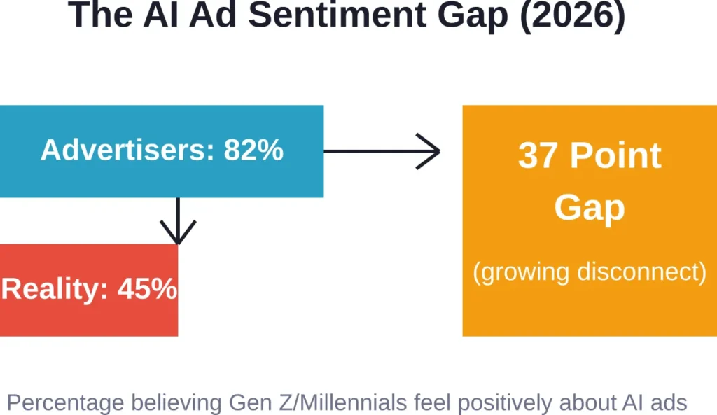 The disconnect between advertiser perception and consumer reality regarding AI-generated advertising, based on IAB research from January 2026.
