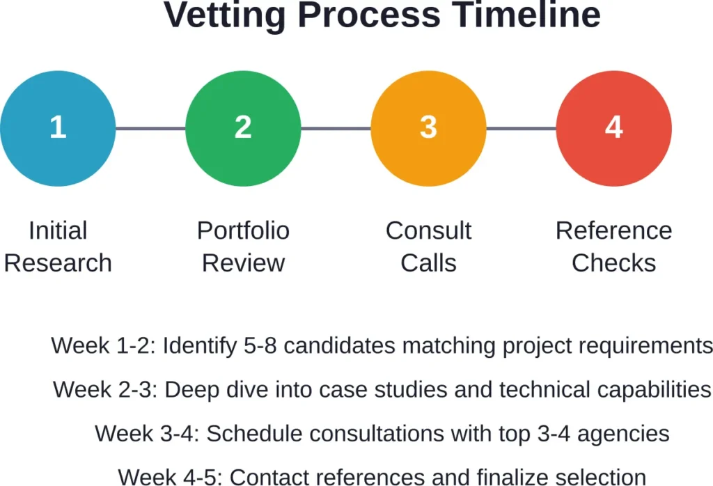 Recommended four-week timeline for thoroughly vetting mobile web development agencies.