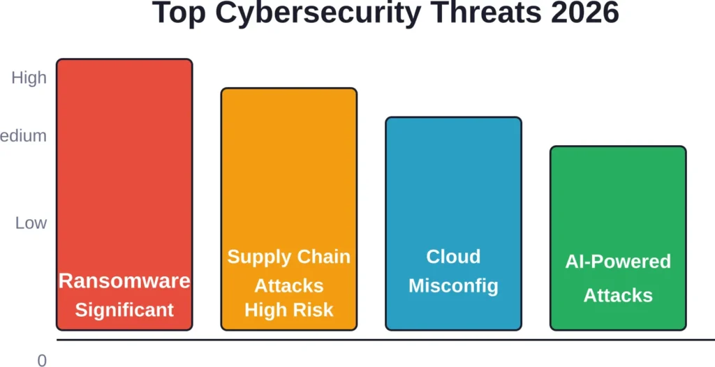 Relative threat levels of major cybersecurity risks in 2026, showing ransomware and supply chain attacks as the most critical concerns.