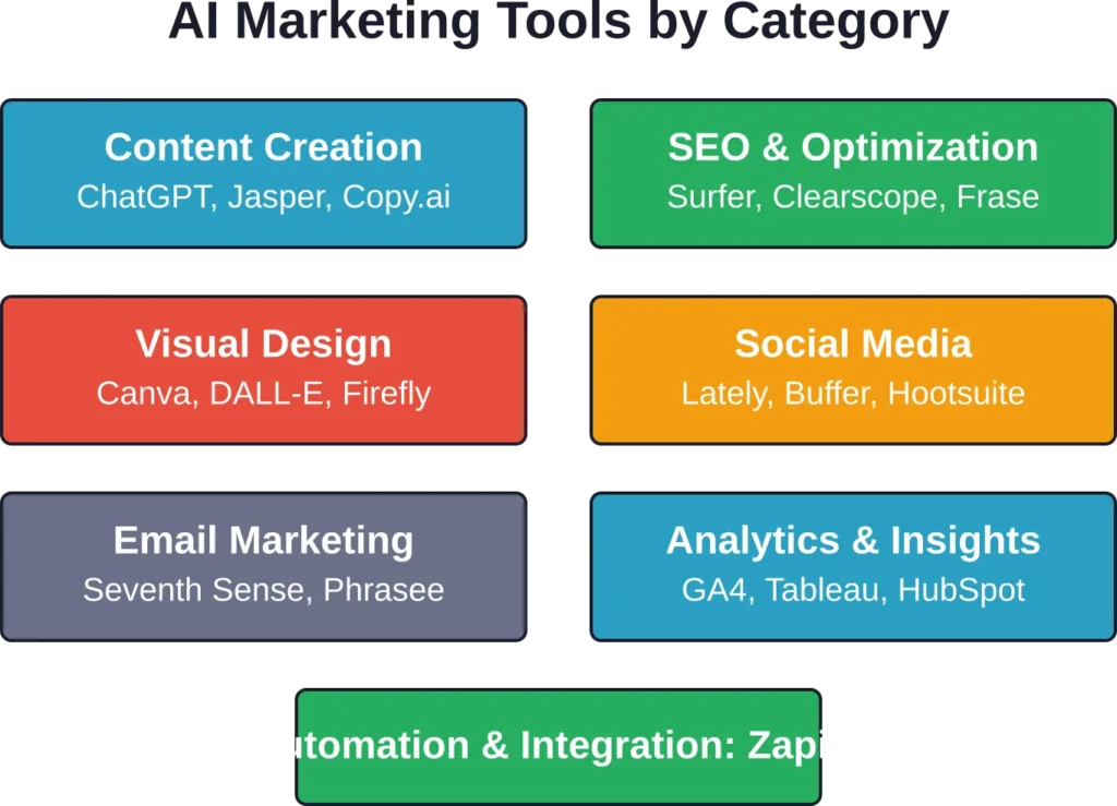 AI marketing tools serve distinct functions across the marketing workflow, with automation platforms connecting everything.