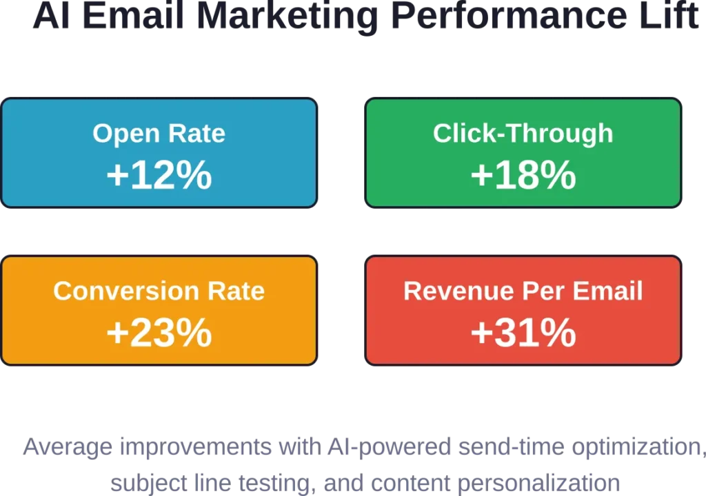AI-powered email marketing tools deliver measurable improvements across key performance metrics, with revenue per email showing the strongest lift through combined optimization of timing, content, and personalization.