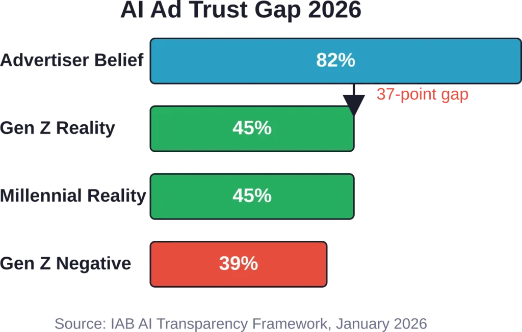 The growing trust gap between advertiser optimism and consumer sentiment toward AI-generated ads.