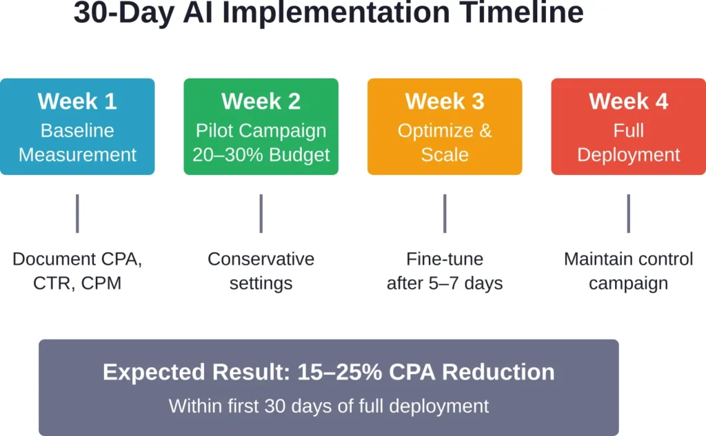 Phased implementation approach minimizes risk while allowing AI systems adequate learning time to optimize delivery and reduce cost per acquisition.