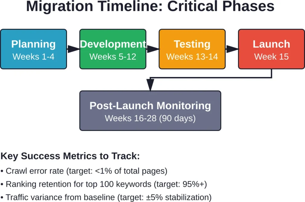 Standard migration timeline showing four development phases plus extended post-launch monitoring period with key performance metrics.