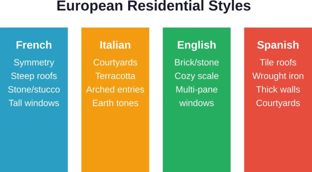 Key characteristics of major European residential design traditions
