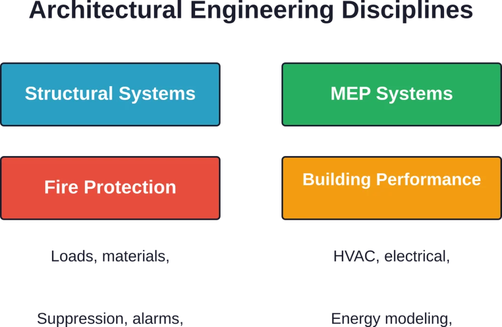 The four primary disciplines within architectural engineering, each addressing critical building systems and performance aspects.

