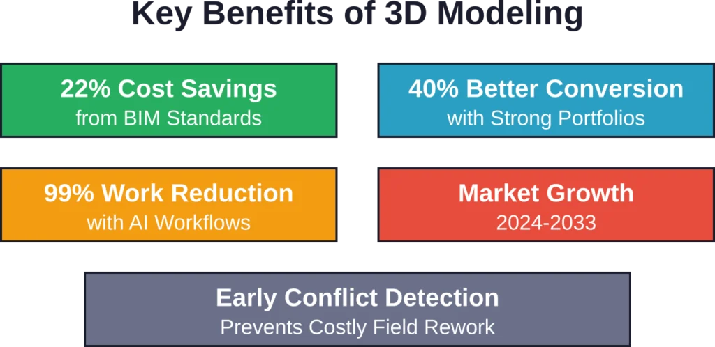Quantified benefits of architectural 3D modeling, from cost savings and efficiency gains to market growth projections based on industry data.