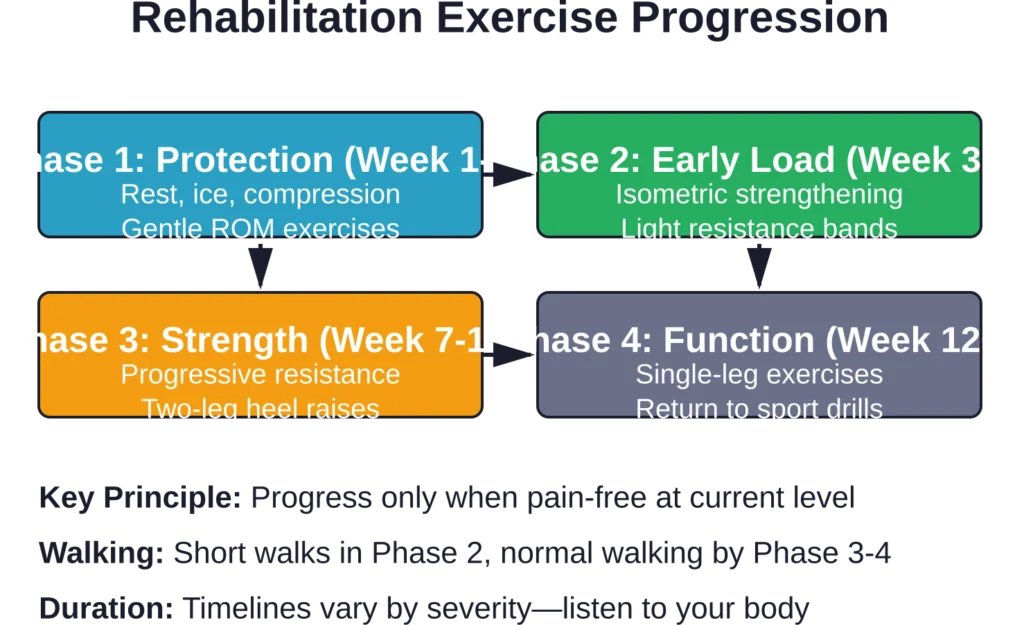 Systematic exercise progression from initial protection through functional recovery, with walking gradually reintroduced as tissue tolerance improves.
