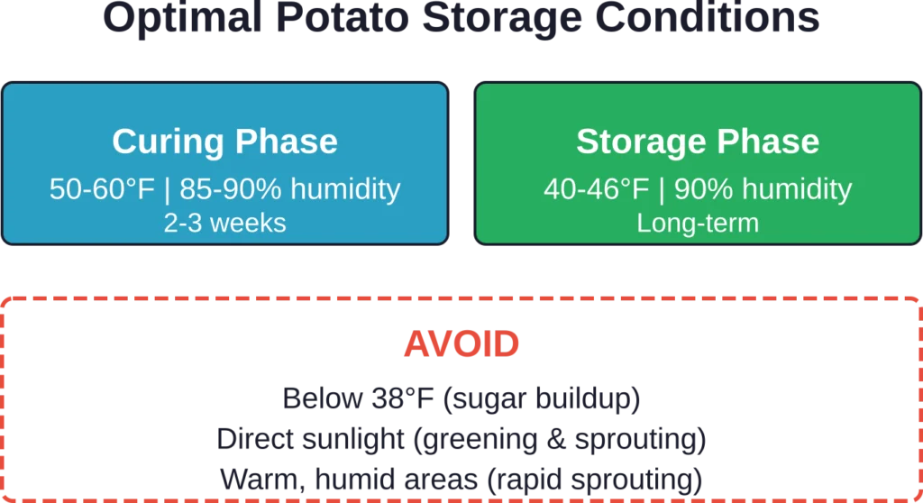 Temperature and humidity guidelines for curing and storing potatoes to prevent sprouting.
