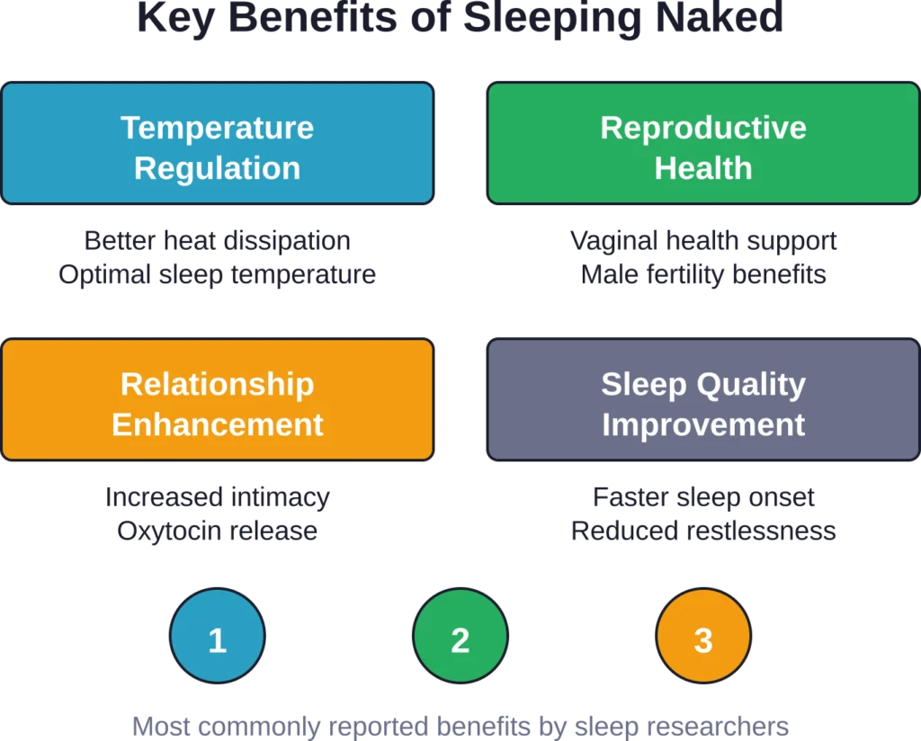 The primary research-backed advantages of sleeping without clothing focus on temperature, health, and sleep quality improvements.
