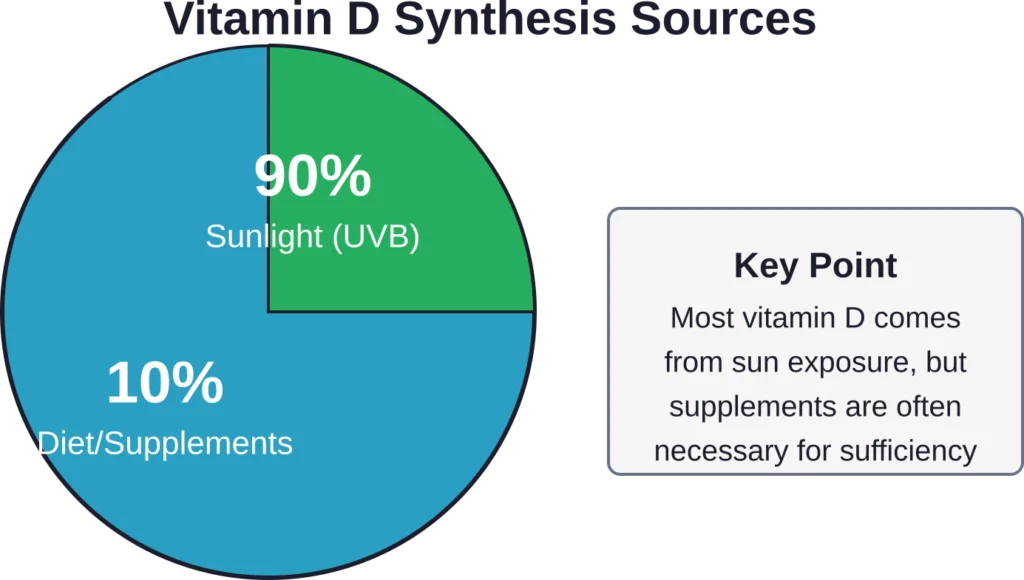 Distribution of vitamin D sources showing the dominant role of sunlight exposure in natural synthesis
