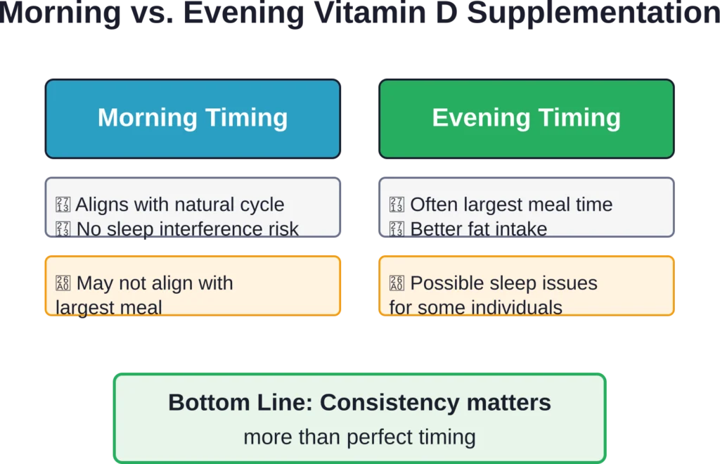 Comparison of morning versus evening vitamin D supplementation showing key advantages and considerations for each timing strategy
