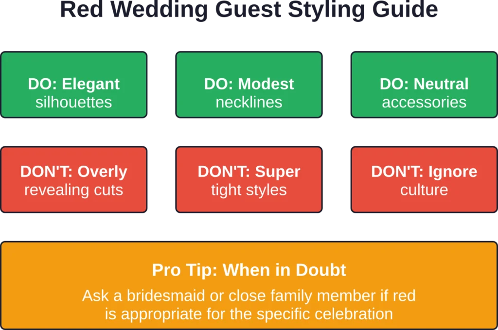 Simple styling rules help red wedding guest attire feel appropriate rather than attention-seeking.
