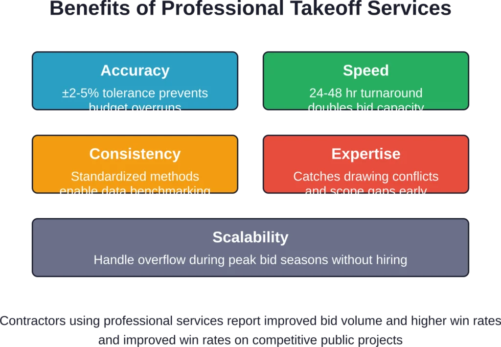 Professional takeoff services deliver multiple benefits that compound over time, improving both bid volume and accuracy.