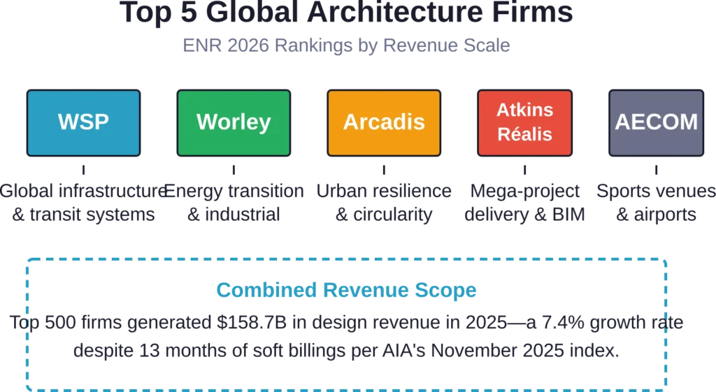The five largest architecture and design firms by ENR 2026 rankings, showing their primary market strengths and combined industry revenue context.