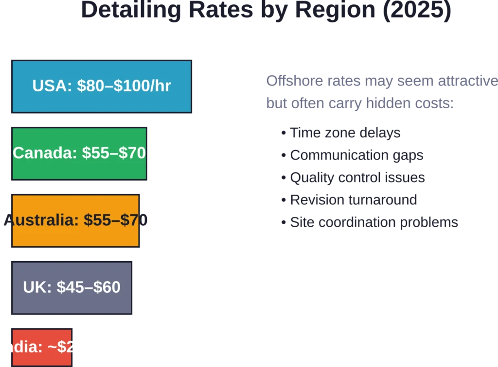 Regional detailing rate comparison showing the wide variation between domestic and offshore services with typical hidden cost factors.