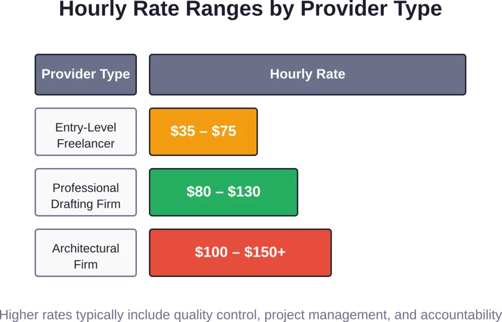 Hourly rates vary significantly by provider type, with architectural firms charging premium rates due to professional liability and design oversight.