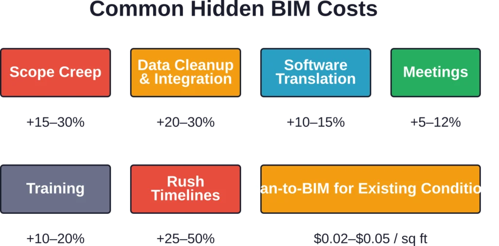 Hidden costs that commonly increase BIM consulting budgets beyond initial quotes, with typical percentage or rate impacts.
