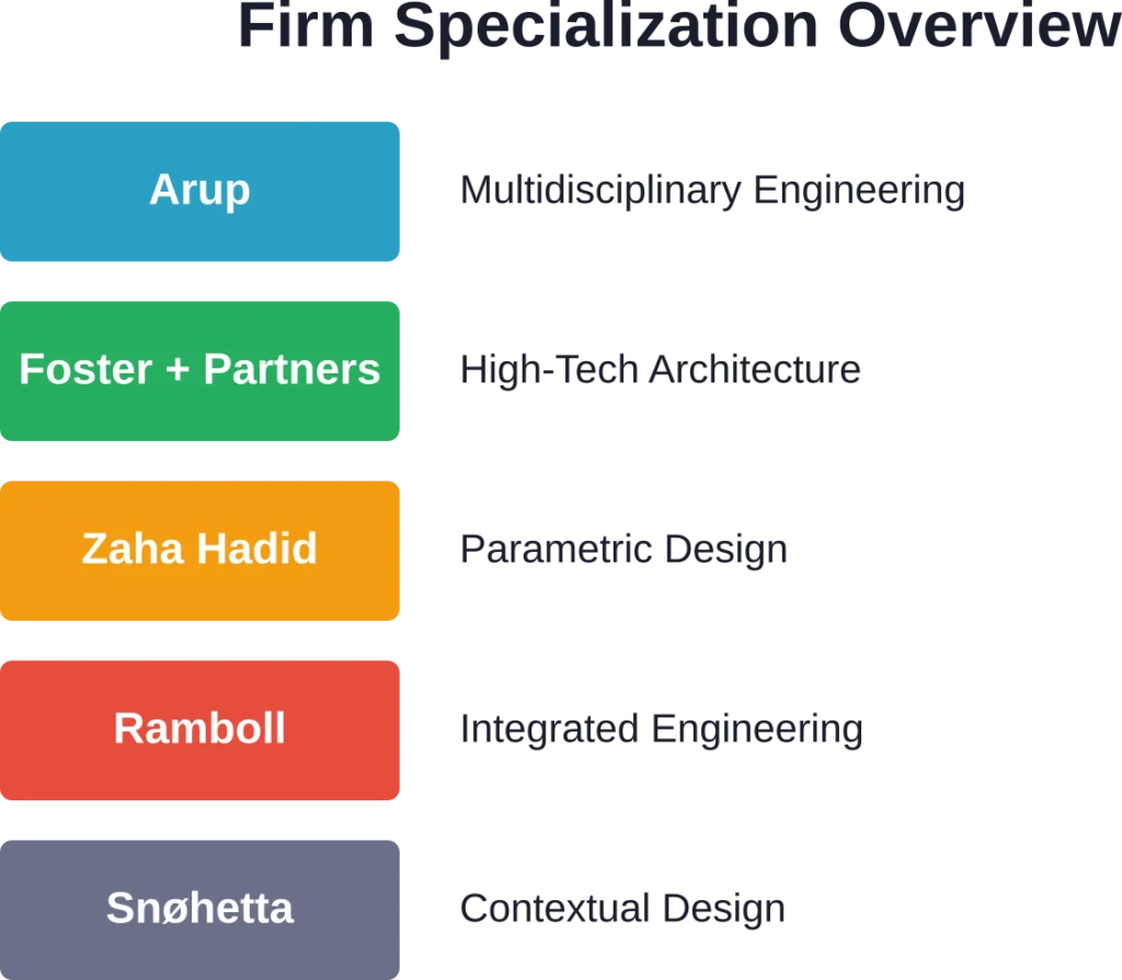 Core specializations of five leading European architectural engineering firms, showing the diversity of expertise across the industry