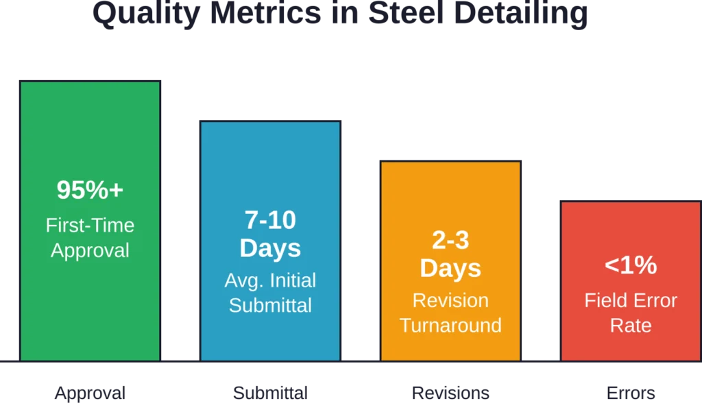 Top-performing steel detailing companies track key quality and efficiency metrics to maintain high approval rates and minimize costly field errors.
