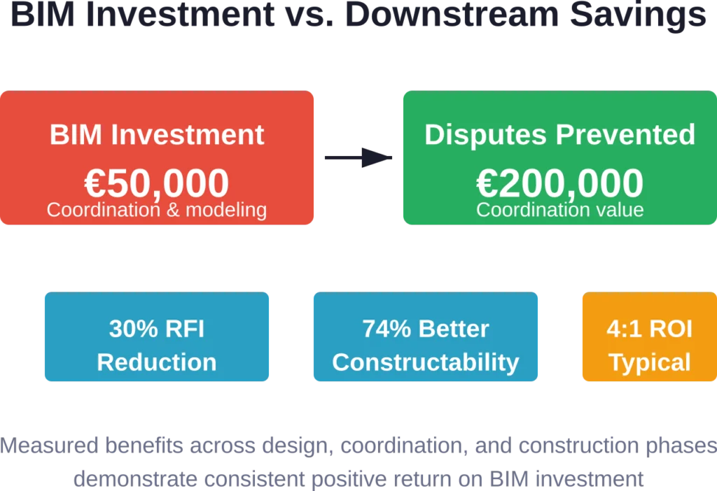 Real project data showing how BIM coordination investment delivers multiples in downstream value through dispute prevention and improved project outcomes.