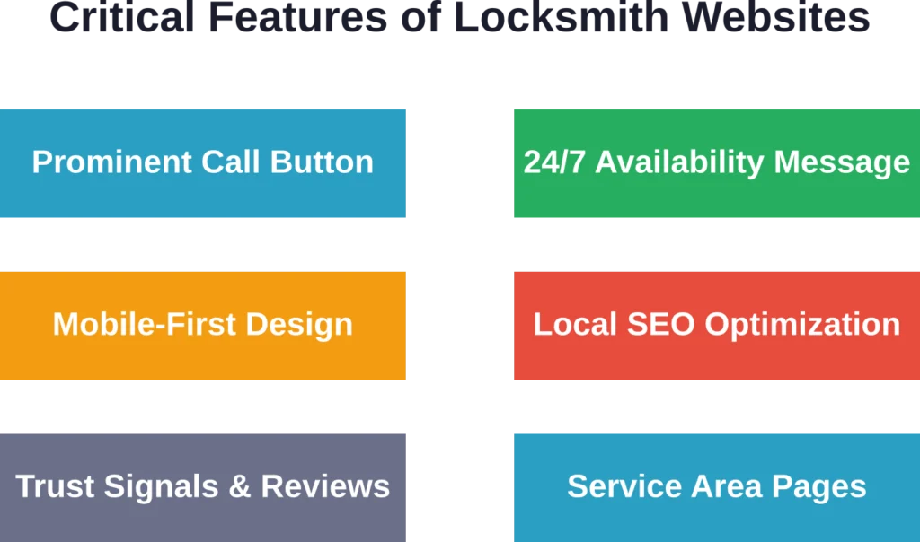 The six essential features that every high-converting locksmith website must include for emergency call optimization and local search visibility.

