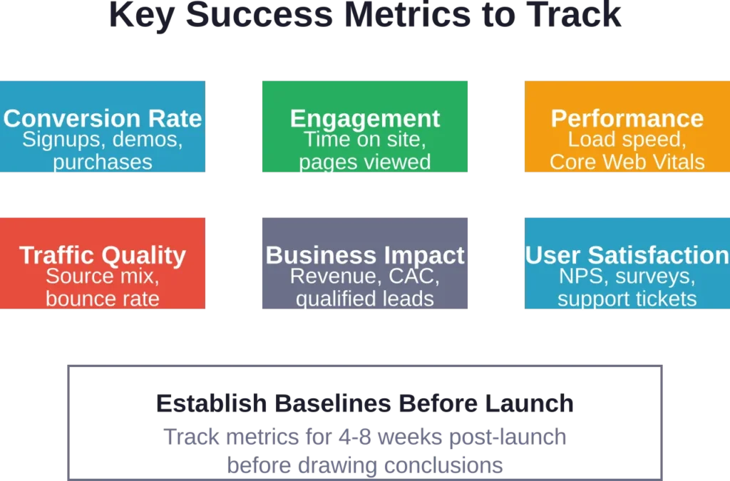 Comprehensive measurement frameworks balance behavioral metrics with business outcomes to assess redesign impact accurately.