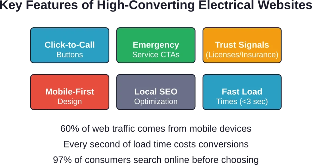 Essential website features that electrical contractors need to convert visitors into booked jobs and dominate local search results.