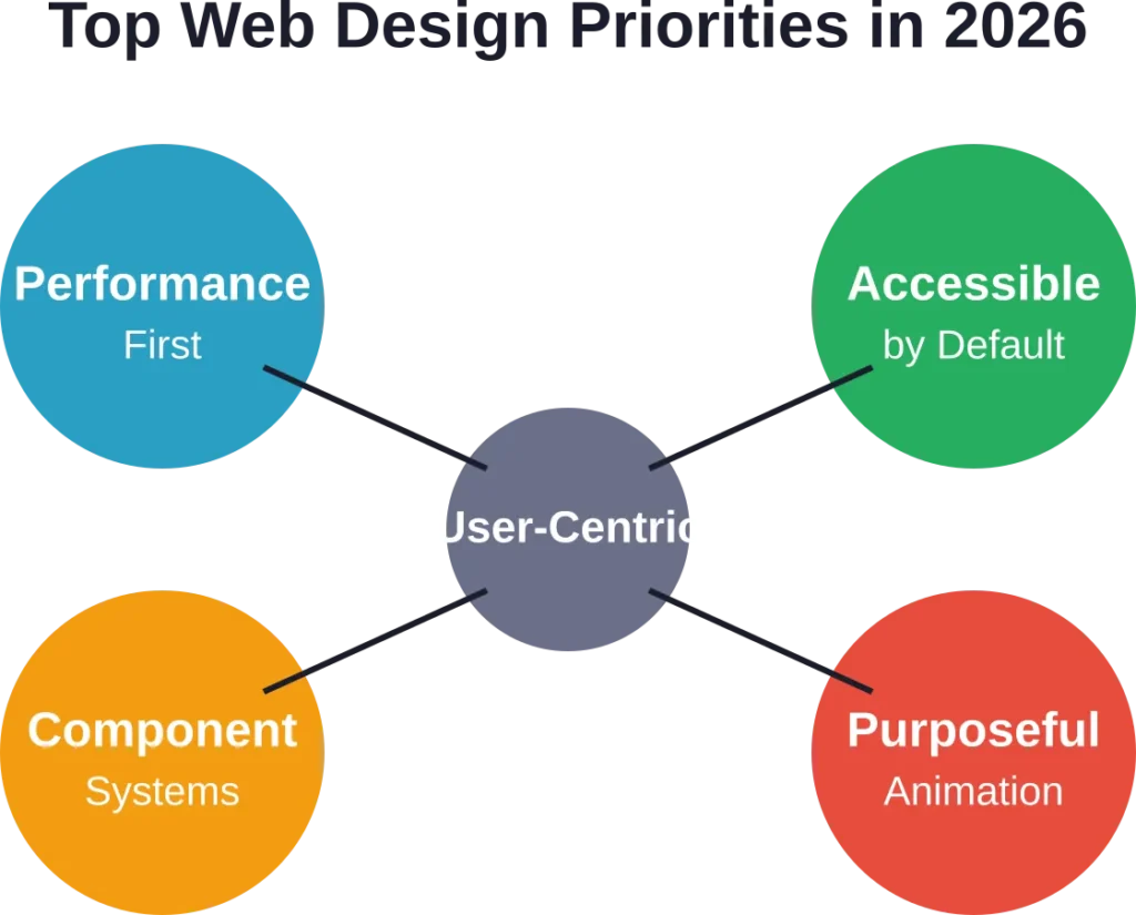 Modern web design priorities converge around user needs, with performance, accessibility, and purposeful interaction at the forefront.