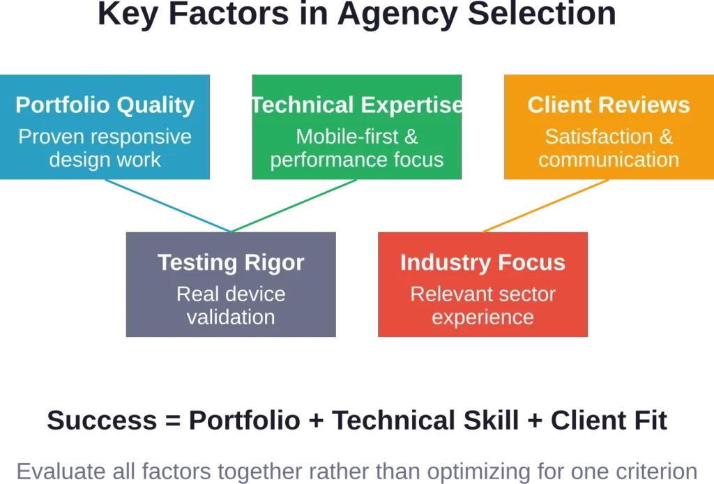 The five critical factors to evaluate when selecting a responsive web design agency, showing how portfolio quality, technical expertise, client reviews, testing practices, and industry alignment combine to predict project success.