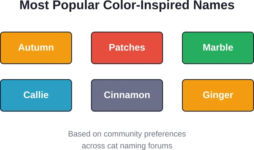 The six most frequently chosen color-themed names for calico cats, reflecting their distinctive tri-color patterns.